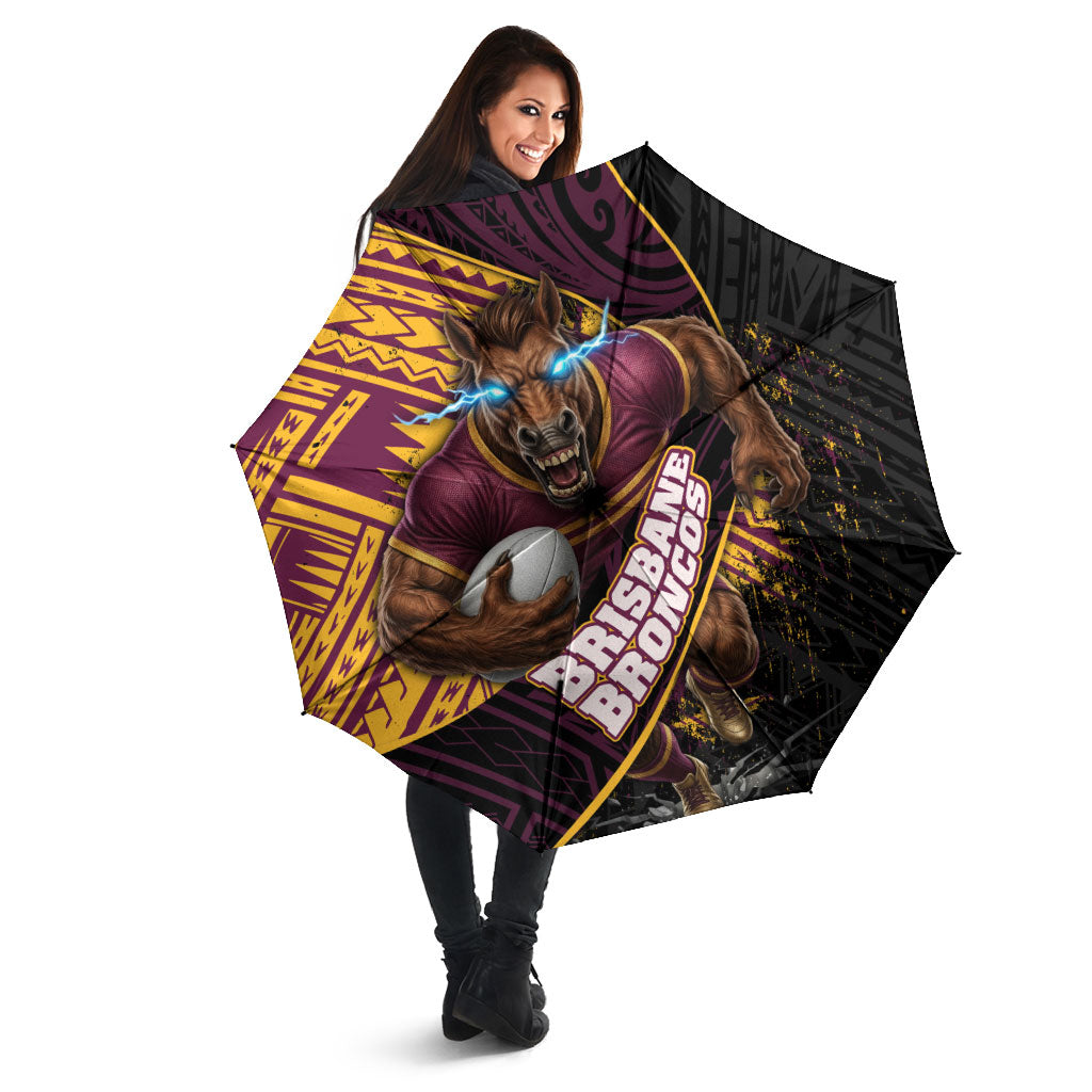 Brisbane Broncos Rugby Umbrella Tribal Polynesian Power Art - Lightning Mascot