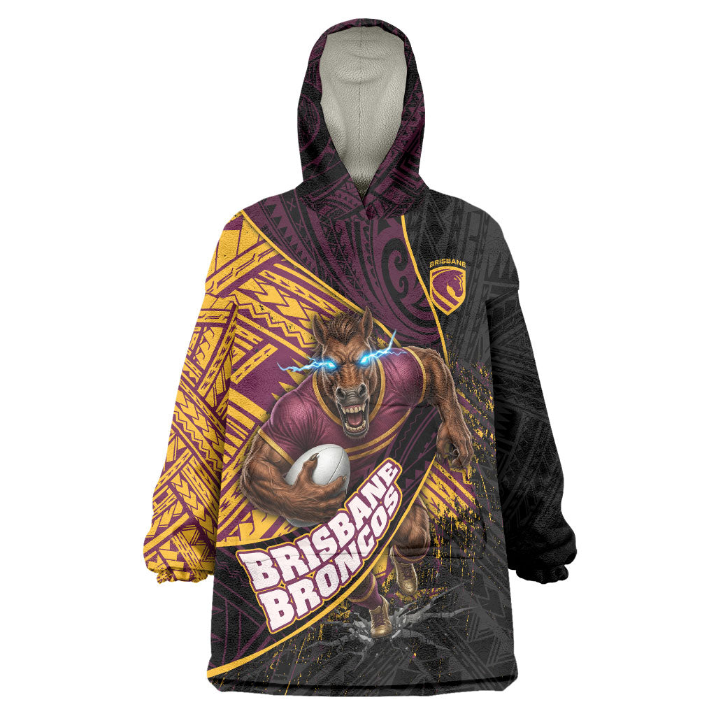 Brisbane Broncos Rugby Wearable Blanket Hoodie Tribal Polynesian Power Art - Lightning Mascot