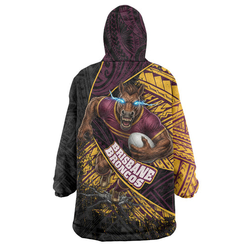 Brisbane Broncos Rugby Wearable Blanket Hoodie Tribal Polynesian Power Art - Lightning Mascot
