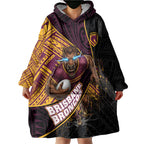Brisbane Broncos Rugby Wearable Blanket Hoodie Tribal Polynesian Power Art - Lightning Mascot