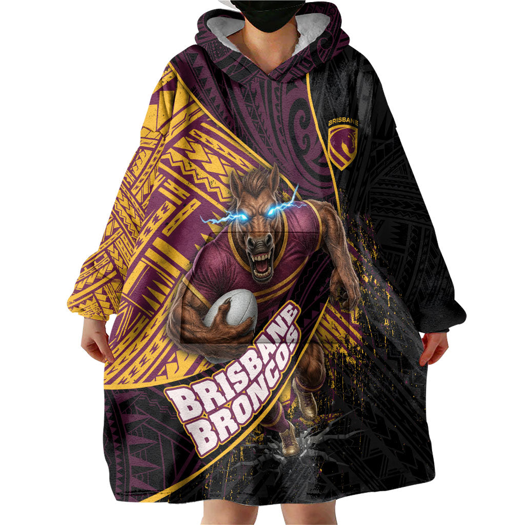 Brisbane Broncos Rugby Wearable Blanket Hoodie Tribal Polynesian Power Art - Lightning Mascot
