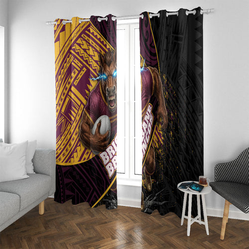 Brisbane Broncos Rugby Window Curtain Tribal Polynesian Power Art - Lightning Mascot