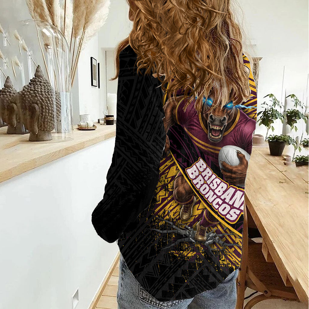 Brisbane Broncos Rugby Women Casual Shirt Tribal Polynesian Power Art - Lightning Mascot
