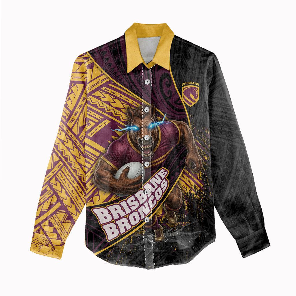 Brisbane Broncos Rugby Women Casual Shirt Tribal Polynesian Power Art - Lightning Mascot