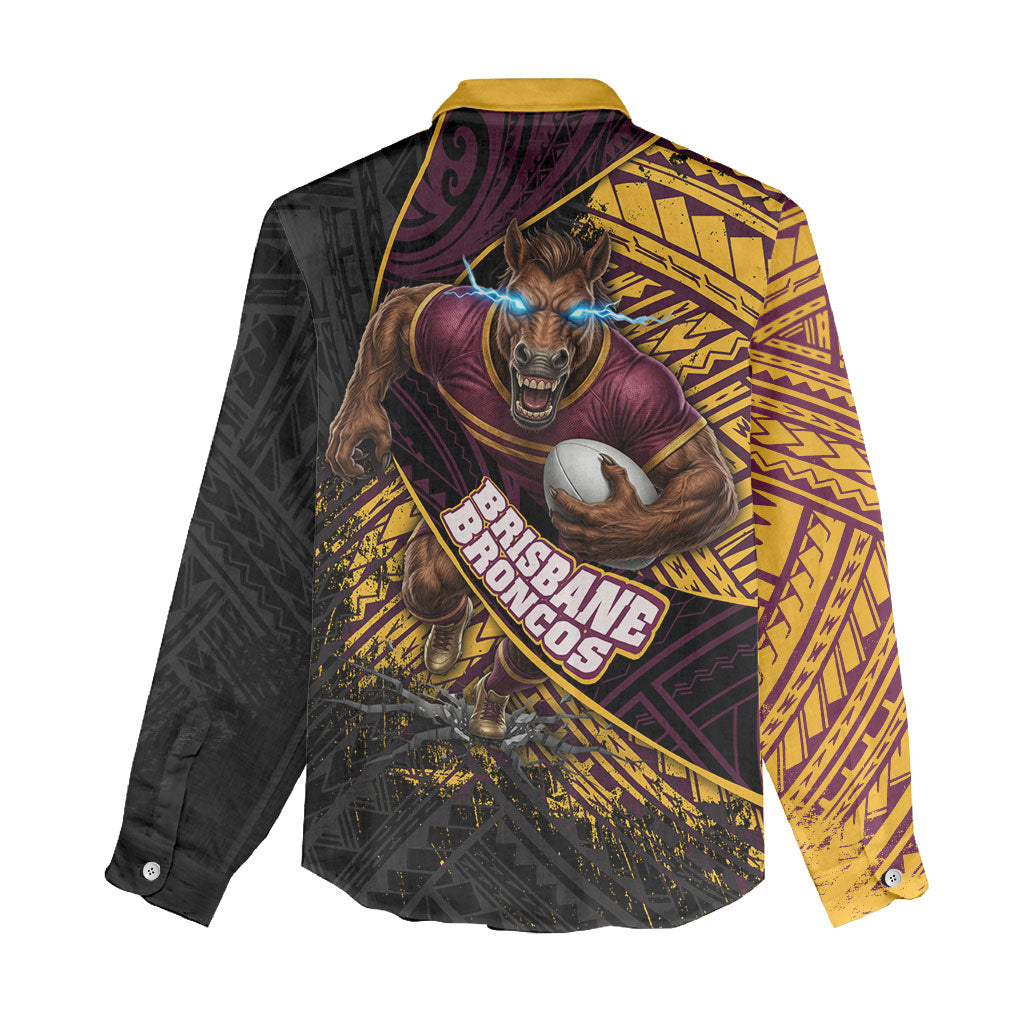 Brisbane Broncos Rugby Women Casual Shirt Tribal Polynesian Power Art - Lightning Mascot