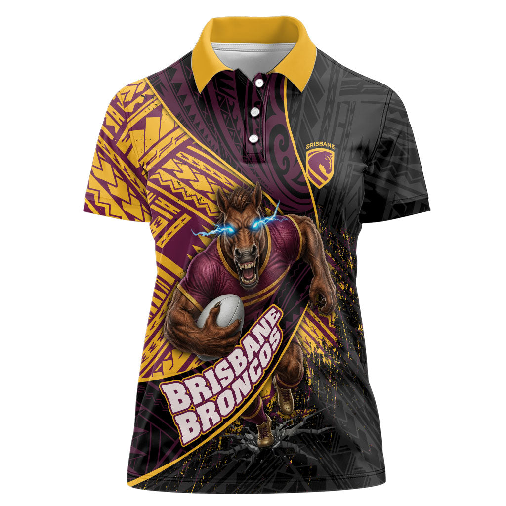 Brisbane Broncos Rugby Women Polo Shirt Tribal Polynesian Power Art - Lightning Mascot