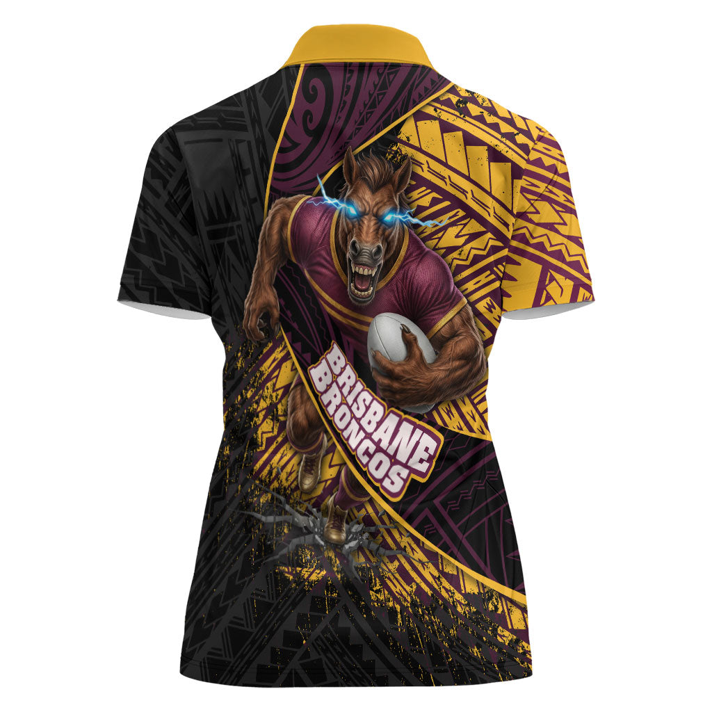 Brisbane Broncos Rugby Women Polo Shirt Tribal Polynesian Power Art - Lightning Mascot