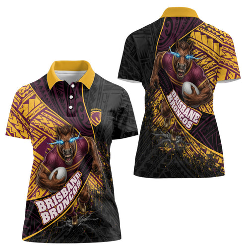 Brisbane Broncos Rugby Women Polo Shirt Tribal Polynesian Power Art - Lightning Mascot
