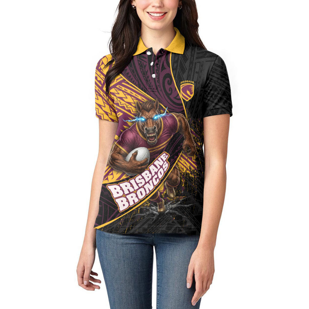 Brisbane Broncos Rugby Women Polo Shirt Tribal Polynesian Power Art - Lightning Mascot