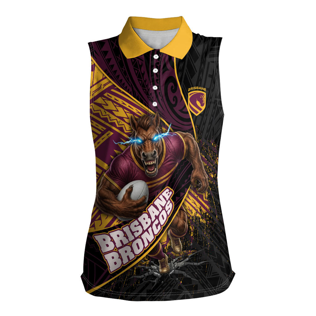 Brisbane Broncos Rugby Women Sleeveless Polo Shirt Tribal Polynesian Power Art - Lightning Mascot
