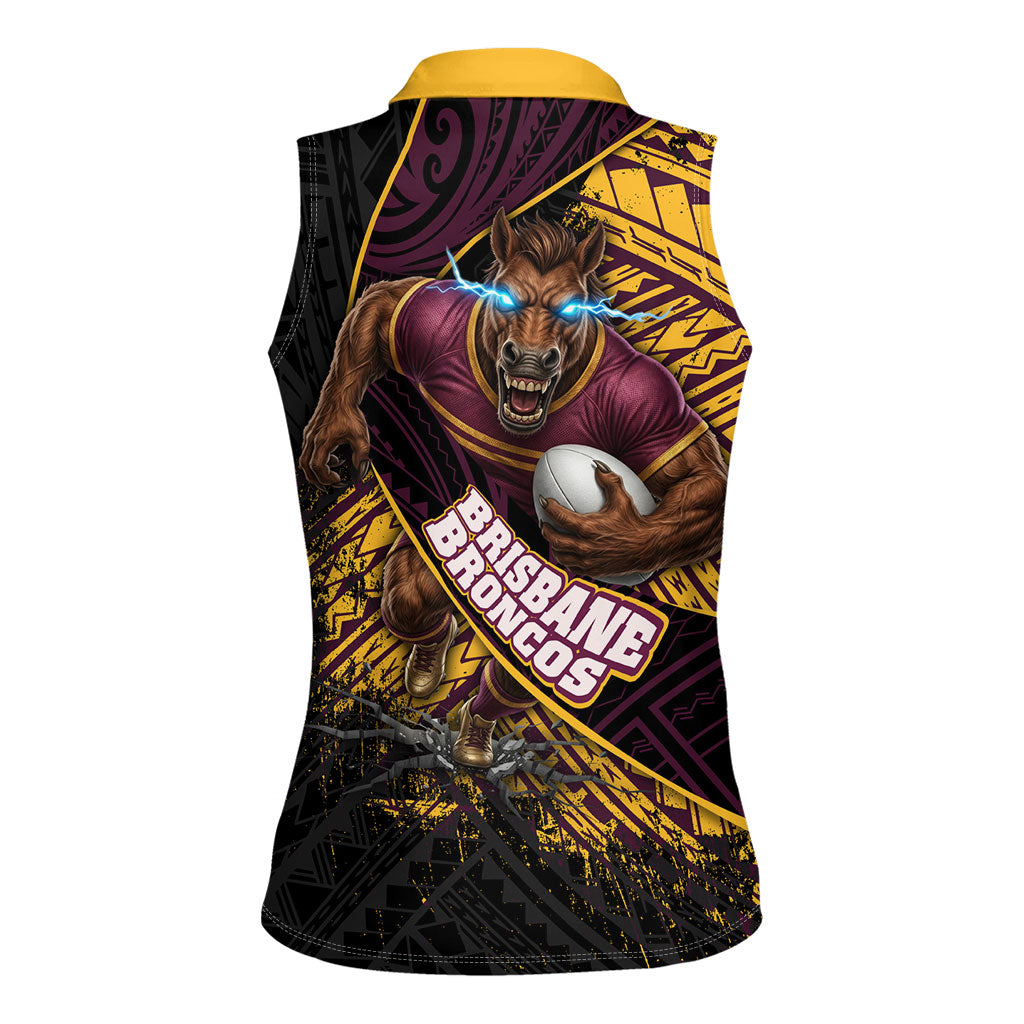 Brisbane Broncos Rugby Women Sleeveless Polo Shirt Tribal Polynesian Power Art - Lightning Mascot
