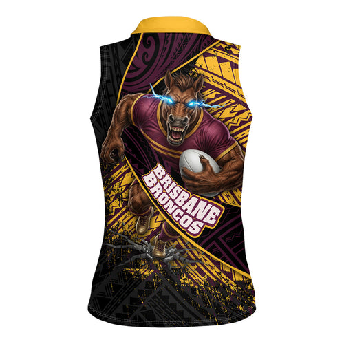 Brisbane Broncos Rugby Women Sleeveless Polo Shirt Tribal Polynesian Power Art - Lightning Mascot
