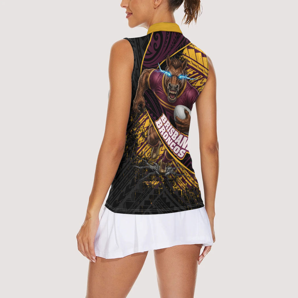 Brisbane Broncos Rugby Women Sleeveless Polo Shirt Tribal Polynesian Power Art - Lightning Mascot