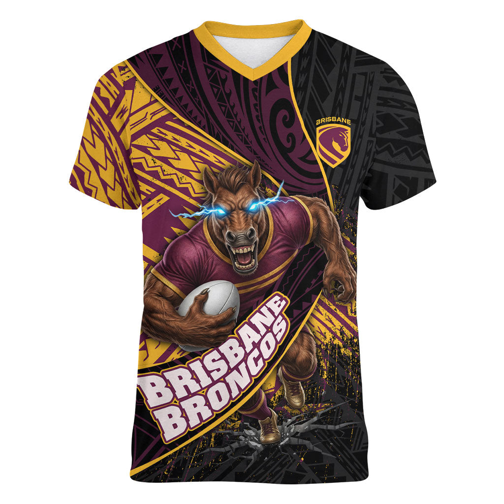 Brisbane Broncos Rugby Women V-Neck T-Shirt Tribal Polynesian Power Art - Lightning Mascot