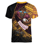 Brisbane Broncos Rugby Women V-Neck T-Shirt Tribal Polynesian Power Art - Lightning Mascot