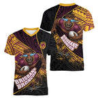 Brisbane Broncos Rugby Women V-Neck T-Shirt Tribal Polynesian Power Art - Lightning Mascot