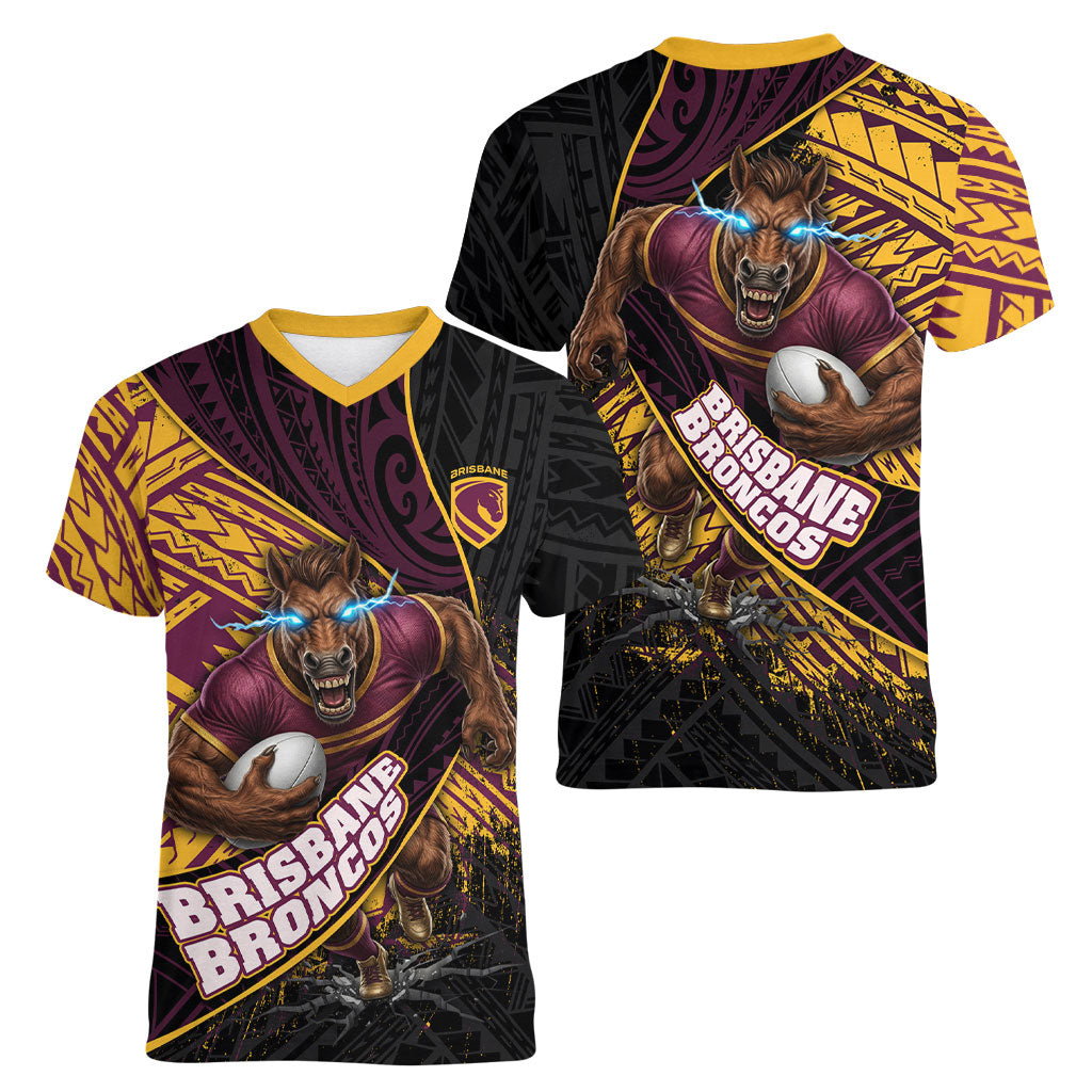 Brisbane Broncos Rugby Women V-Neck T-Shirt Tribal Polynesian Power Art - Lightning Mascot