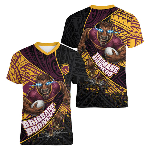 Brisbane Broncos Rugby Women V-Neck T-Shirt Tribal Polynesian Power Art - Lightning Mascot