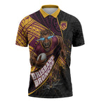 Brisbane Broncos Rugby Zipper Polo Shirt Tribal Polynesian Power Art - Lightning Mascot