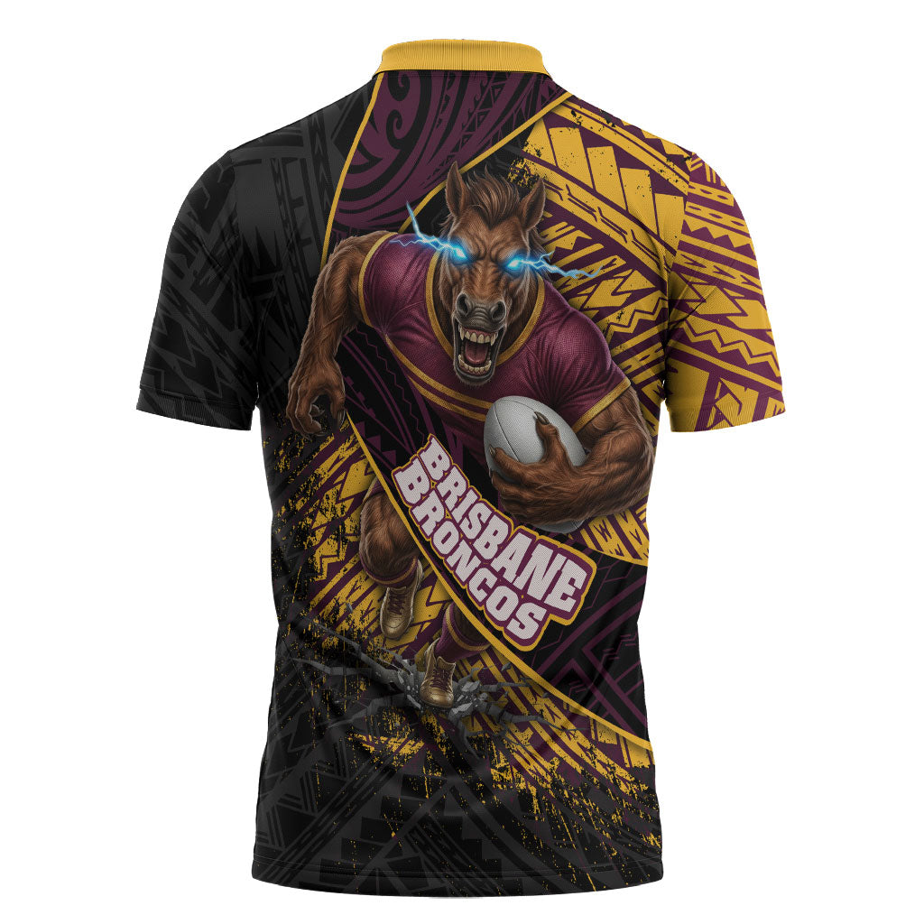 Brisbane Broncos Rugby Zipper Polo Shirt Tribal Polynesian Power Art - Lightning Mascot
