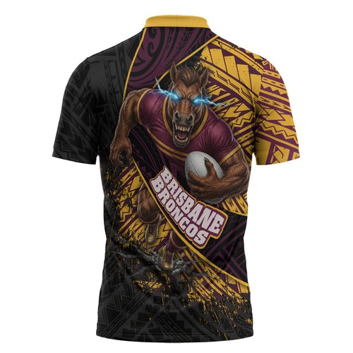 Brisbane Broncos Rugby Zipper Polo Shirt Tribal Polynesian Power Art - Lightning Mascot