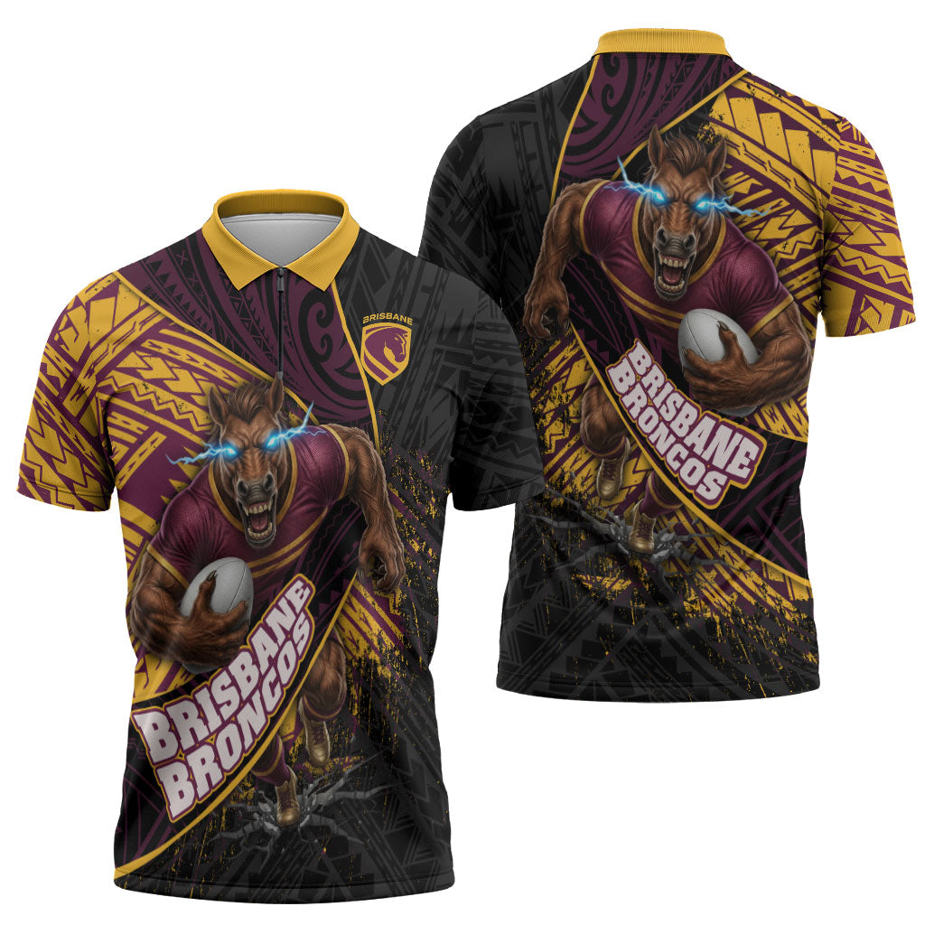 Brisbane Broncos Rugby Zipper Polo Shirt Tribal Polynesian Power Art - Lightning Mascot