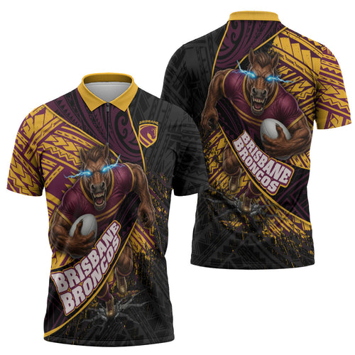 Brisbane Broncos Rugby Zipper Polo Shirt Tribal Polynesian Power Art - Lightning Mascot