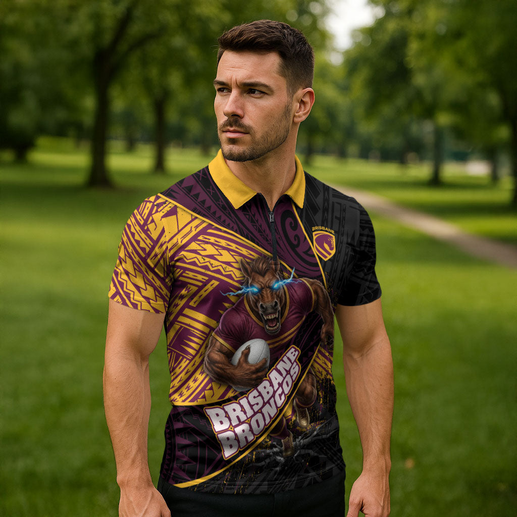 Brisbane Broncos Rugby Zipper Polo Shirt Tribal Polynesian Power Art - Lightning Mascot