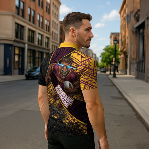 Brisbane Broncos Rugby Zipper Polo Shirt Tribal Polynesian Power Art - Lightning Mascot