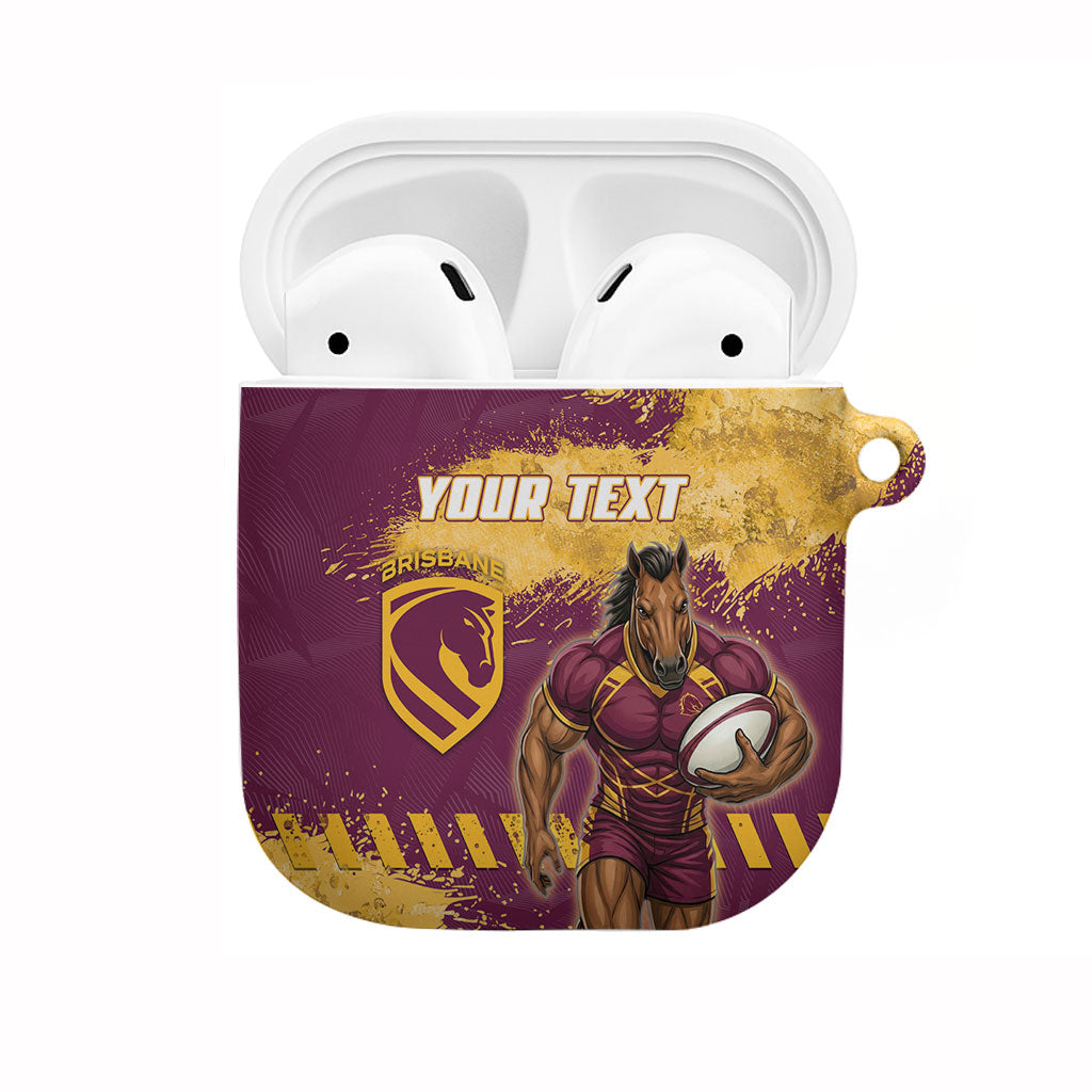 Personalised Brisbane Broncos Rugby AirPods Case Bronx Mascot Grunge Maroon Gold - Sporty Splash Art Style