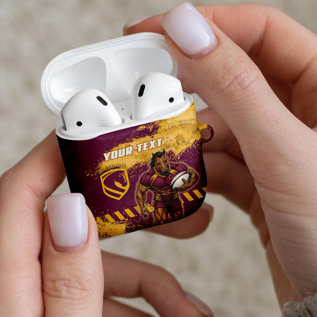 Personalised Brisbane Broncos Rugby AirPods Case Bronx Mascot Grunge Maroon Gold - Sporty Splash Art Style