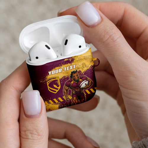 Personalised Brisbane Broncos Rugby AirPods Case Bronx Mascot Grunge Maroon Gold - Sporty Splash Art Style