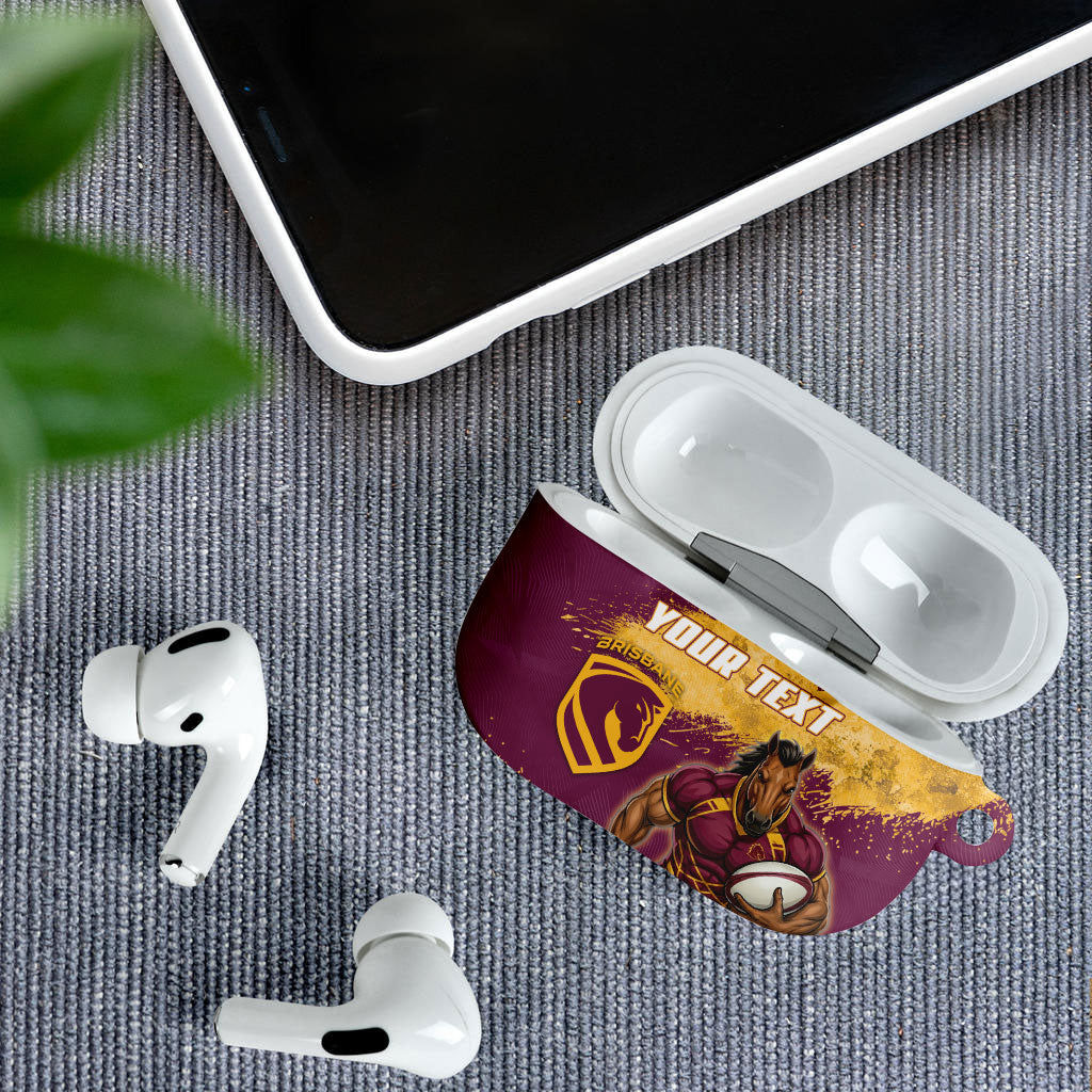 Personalised Brisbane Broncos Rugby AirPods Case Bronx Mascot Grunge Maroon Gold - Sporty Splash Art Style