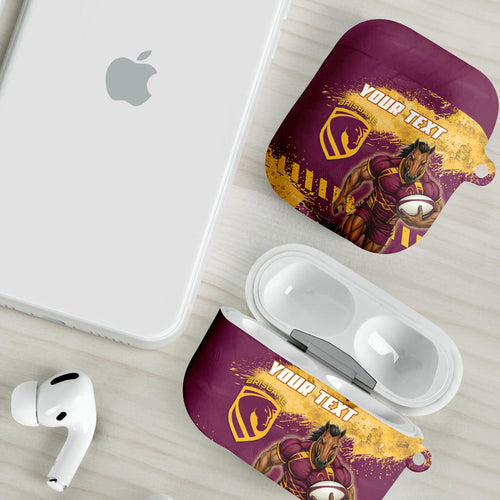 Personalised Brisbane Broncos Rugby AirPods Case Bronx Mascot Grunge Maroon Gold - Sporty Splash Art Style