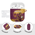Personalised Brisbane Broncos Rugby AirPods Case Bronx Mascot Grunge Maroon Gold - Sporty Splash Art Style