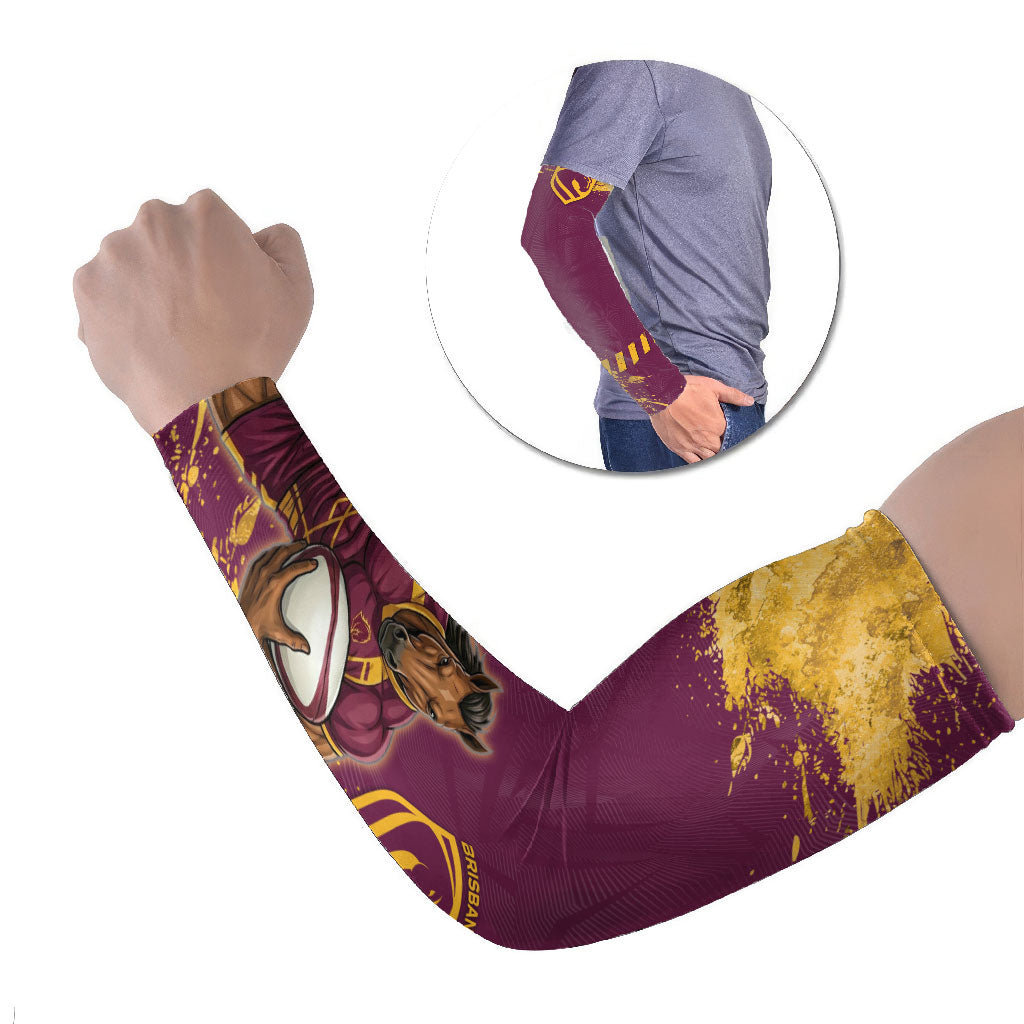 Personalised Brisbane Broncos Rugby Arm Sleeves Bronx Mascot Grunge Maroon Gold - Sporty Splash Art Style