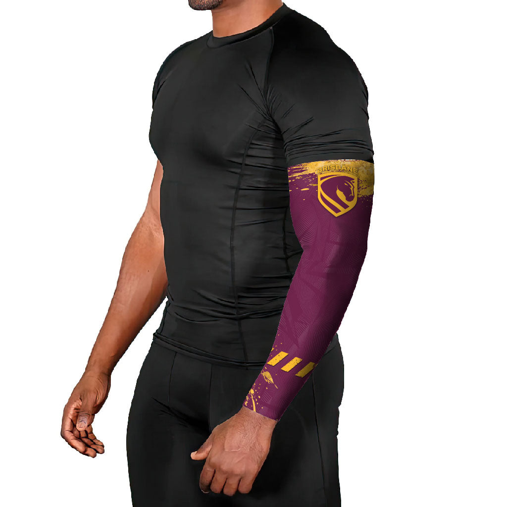 Personalised Brisbane Broncos Rugby Arm Sleeves Bronx Mascot Grunge Maroon Gold - Sporty Splash Art Style