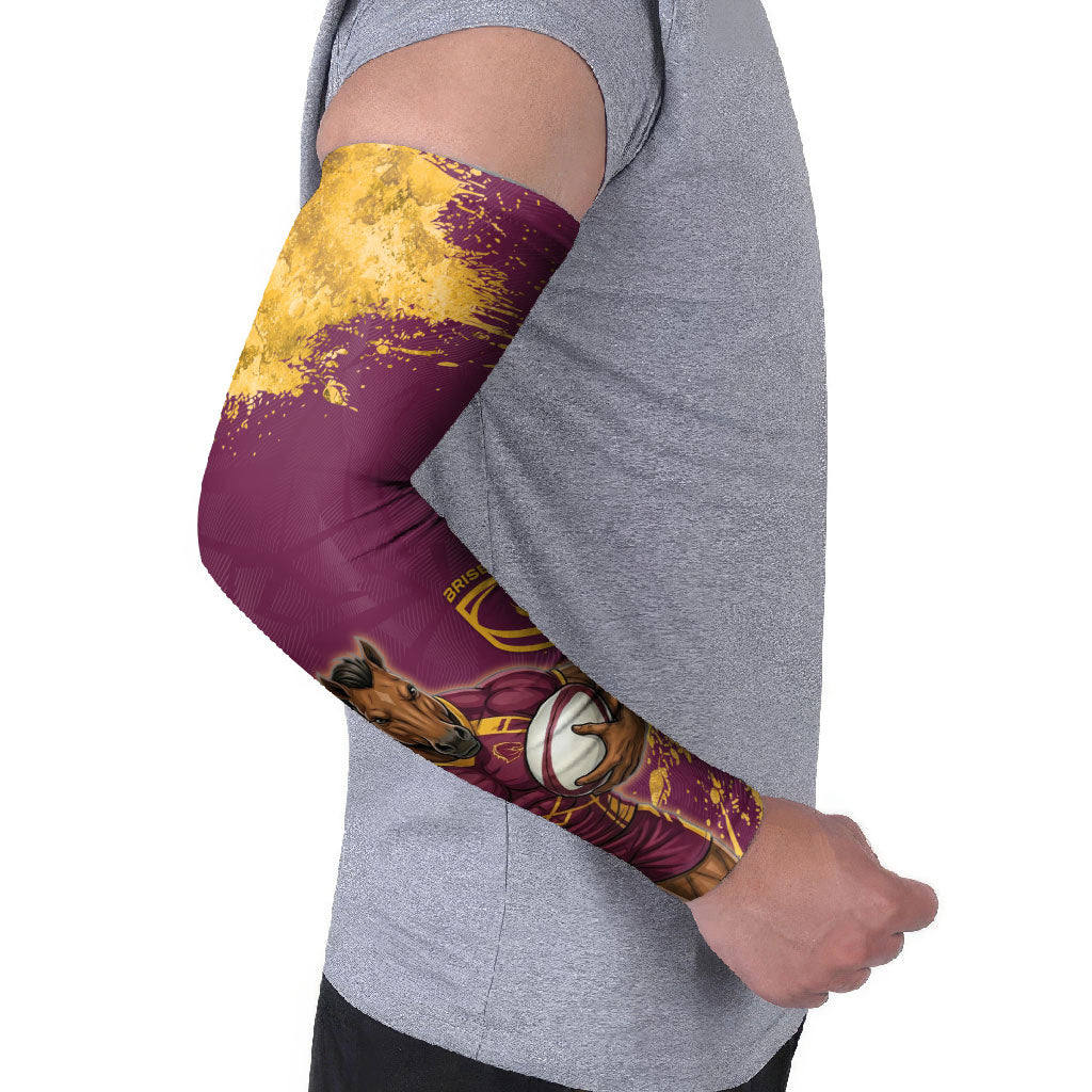 Personalised Brisbane Broncos Rugby Arm Sleeves Bronx Mascot Grunge Maroon Gold - Sporty Splash Art Style