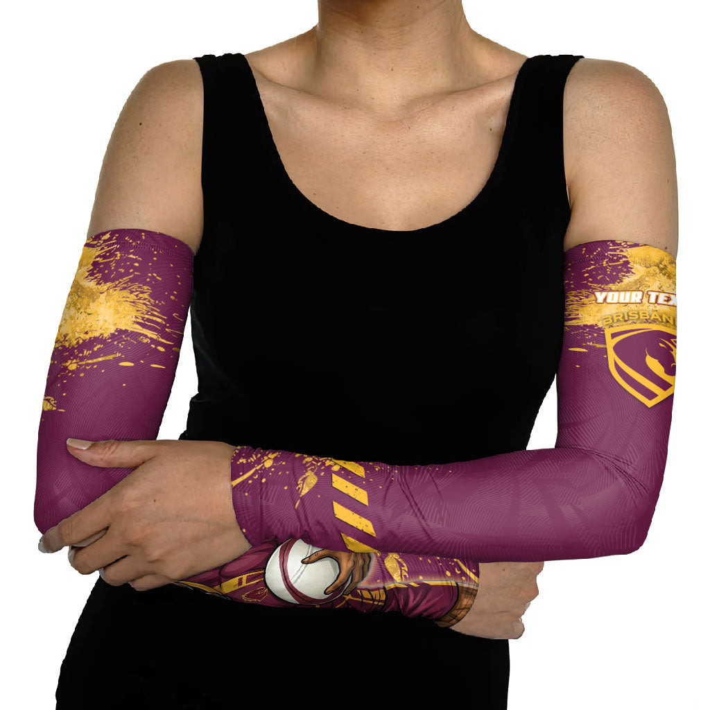 Personalised Brisbane Broncos Rugby Arm Sleeves Bronx Mascot Grunge Maroon Gold - Sporty Splash Art Style