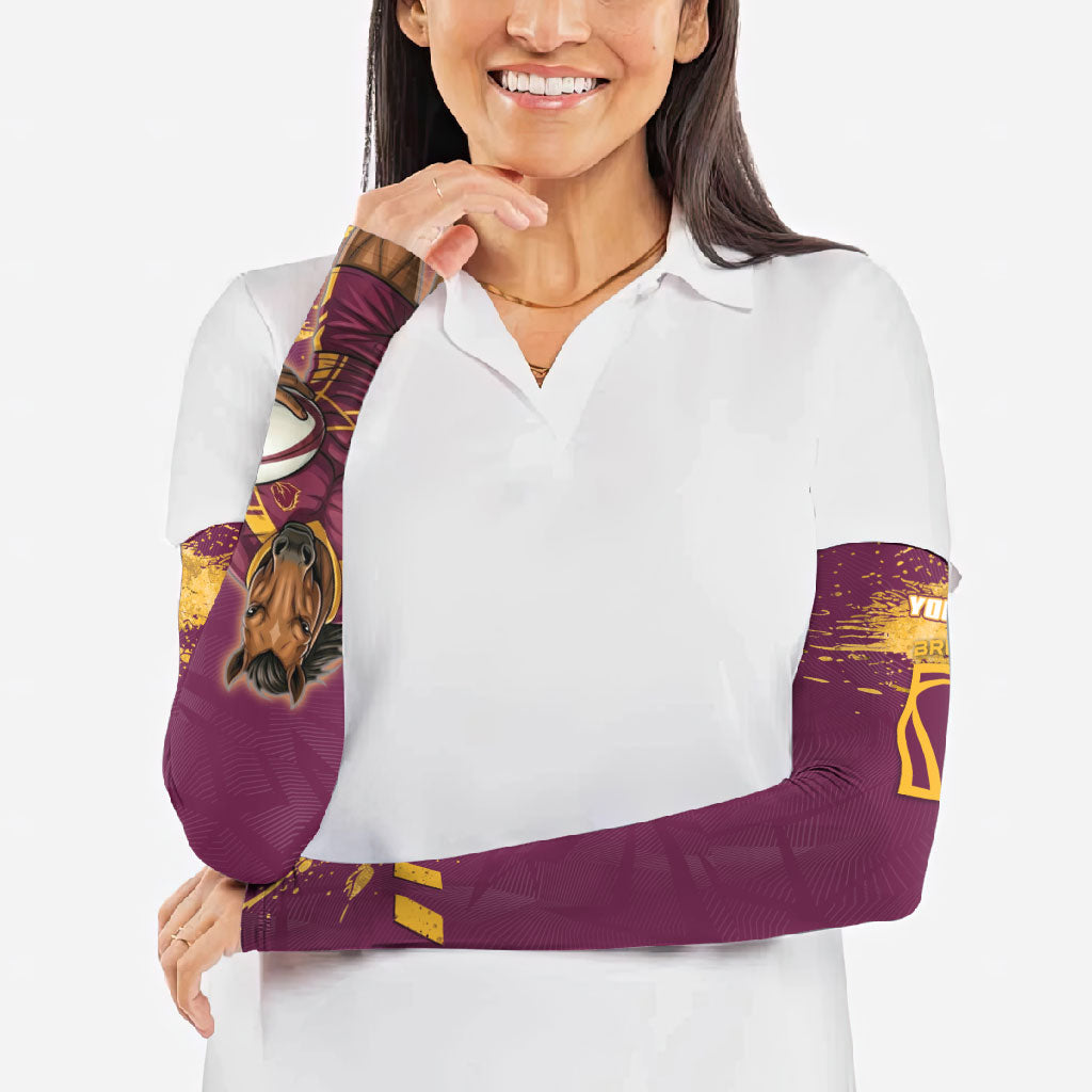 Personalised Brisbane Broncos Rugby Arm Sleeves Bronx Mascot Grunge Maroon Gold - Sporty Splash Art Style