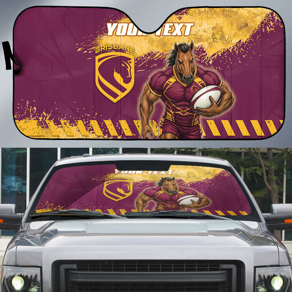 Personalised Brisbane Broncos Rugby Auto Sun Shade Bronx Mascot Grunge Maroon Gold - Sporty Splash Art Style
