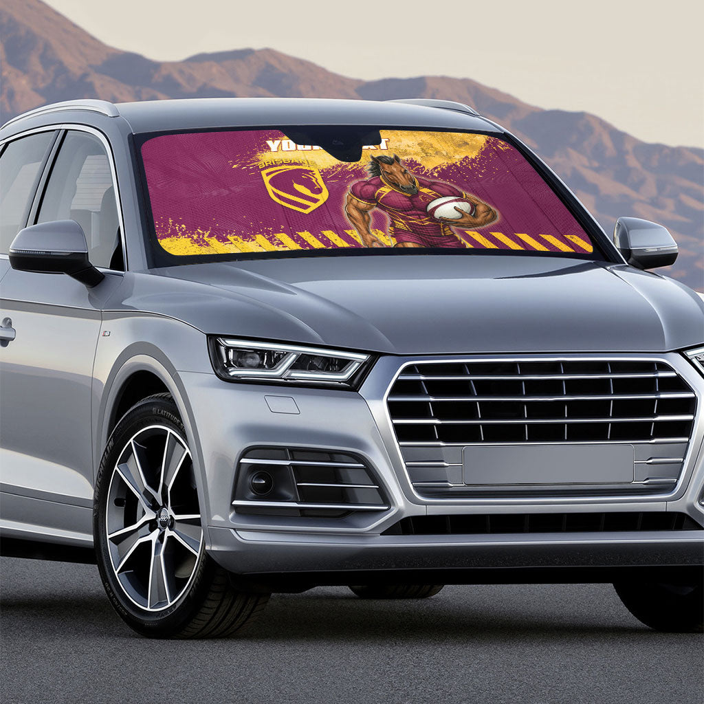 Personalised Brisbane Broncos Rugby Auto Sun Shade Bronx Mascot Grunge Maroon Gold - Sporty Splash Art Style