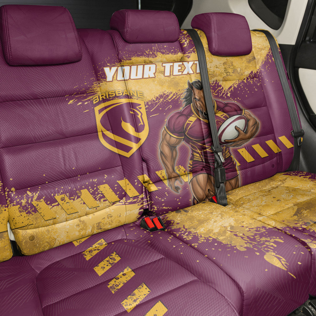 Personalised Brisbane Broncos Rugby Back Car Seat Cover Bronx Mascot Grunge Maroon Gold - Sporty Splash Art Style