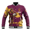 Personalised Brisbane Broncos Rugby Baseball Jacket Bronx Mascot Grunge Maroon Gold - Sporty Splash Art Style