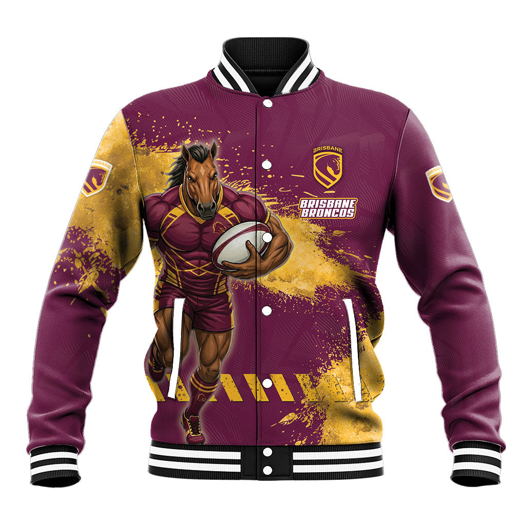 Personalised Brisbane Broncos Rugby Baseball Jacket Bronx Mascot Grunge Maroon Gold - Sporty Splash Art Style
