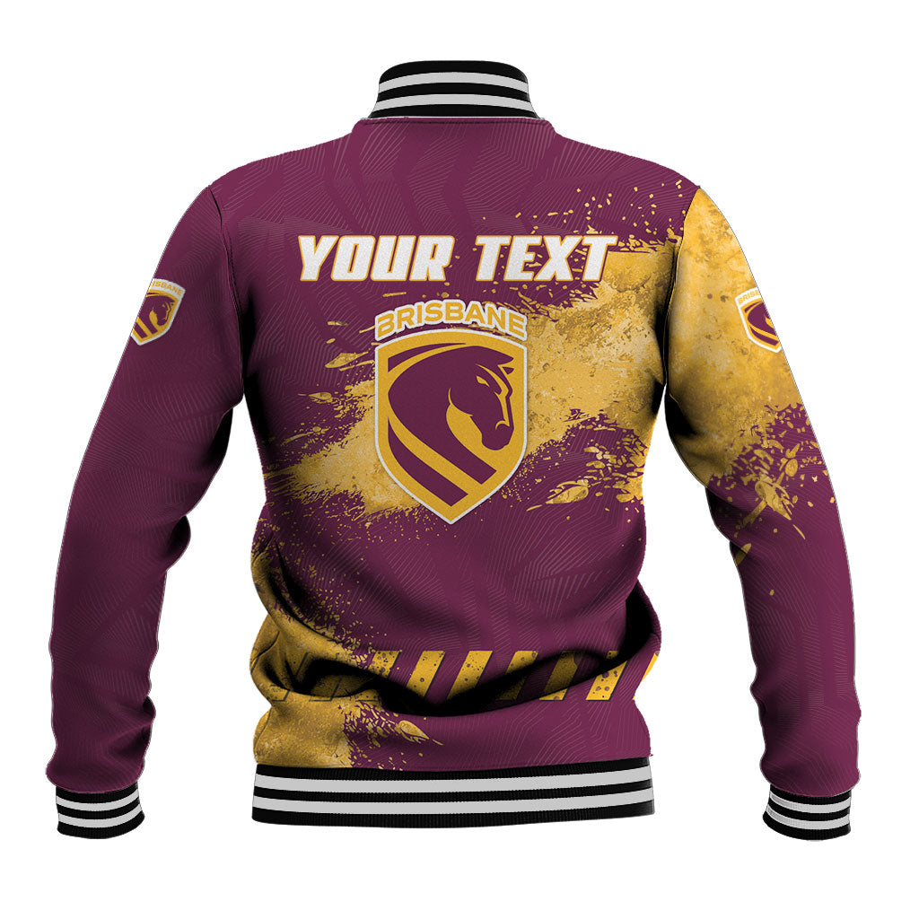Personalised Brisbane Broncos Rugby Baseball Jacket Bronx Mascot Grunge Maroon Gold - Sporty Splash Art Style