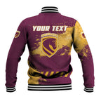 Personalised Brisbane Broncos Rugby Baseball Jacket Bronx Mascot Grunge Maroon Gold - Sporty Splash Art Style