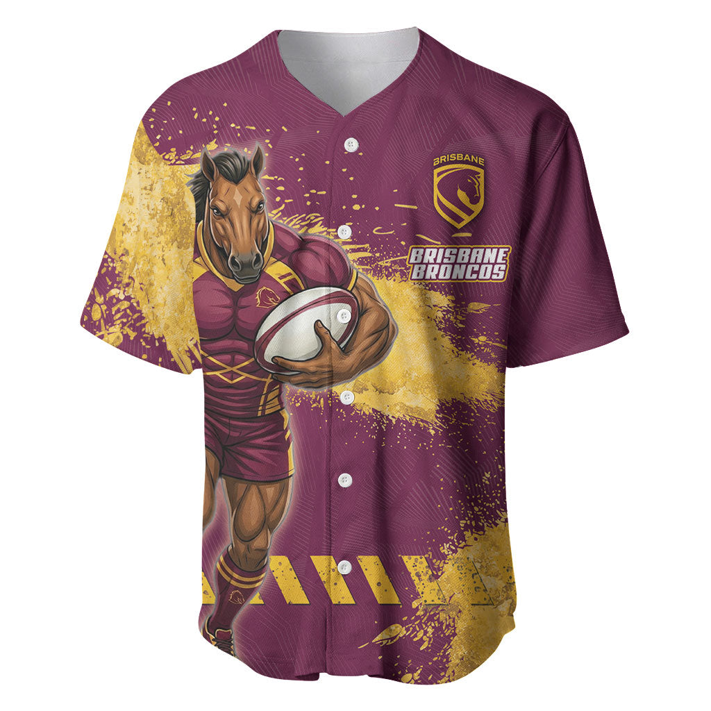 Personalised Brisbane Broncos Rugby Baseball Jersey Bronx Mascot Grunge Maroon Gold - Sporty Splash Art Style