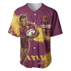 Personalised Brisbane Broncos Rugby Baseball Jersey Bronx Mascot Grunge Maroon Gold - Sporty Splash Art Style