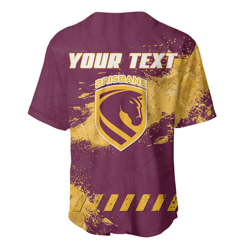 Personalised Brisbane Broncos Rugby Baseball Jersey Bronx Mascot Grunge Maroon Gold - Sporty Splash Art Style